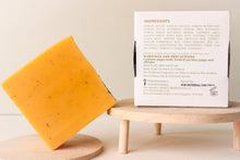 Load image into Gallery viewer, Vegan Handmade Cold Processed Triple Butter Carrot and Turmeric soap scented with Bergamot, Lavender and Patchouli essential oils
